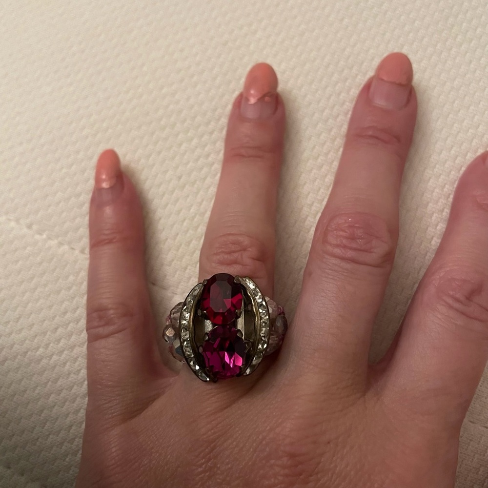 Handmade colorful Swarovski crystal oval pink ring, size 6 made in France boho